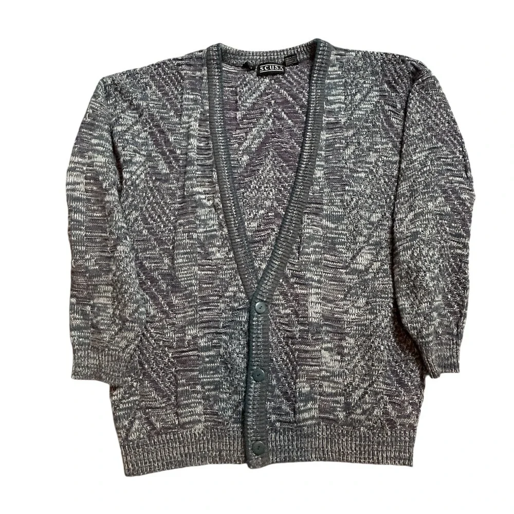 Vtg Cardigan Sweater Mens Sz L Dad Grandpa Kurt Cobain Grunge Wool Blend Gray‎
